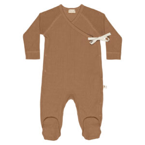 Baby kimono footie in pima cotton with bow - chocolate | UAUA Collections