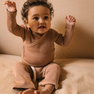 Baby wearing onesie and jogger in pima cotton - biscotti - Puno Collection | UAUA Collections