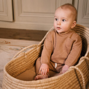 Baby wearing sweater and jogger in pima cotton - biscotti - Puno Collection | UAUA Collections